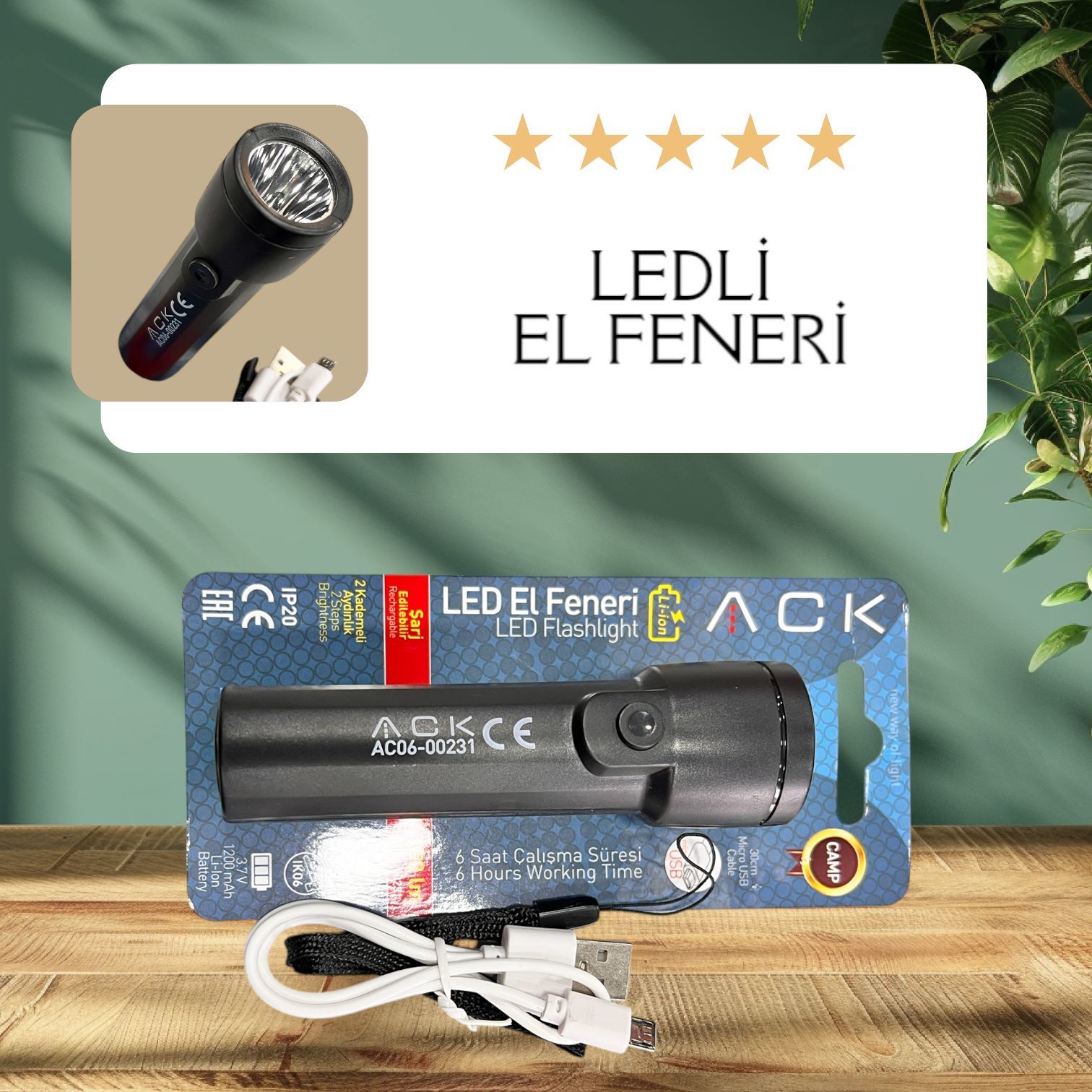 ac06-00231-ack-ledli-el-feneri ACK Led Fener 1W Siyah Gövde 30Cm Mikro Usb Kablolu AC06-00231 - Görsel 1