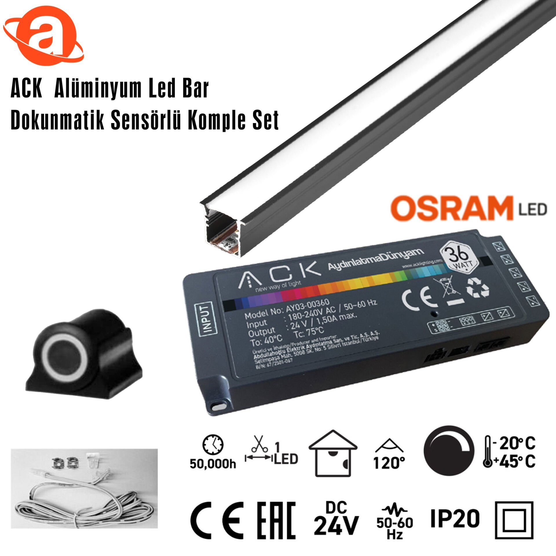ack-ab01-03233-24v-aluminyum-led-bar-6500k-3mt-dokunmatik-sensorlu-komple-set ACK AB01-03233 24V Alüminyum Led Bar 6500K 3Mt  Dokunmatik Sensörlü Komple Set - Görsel 1