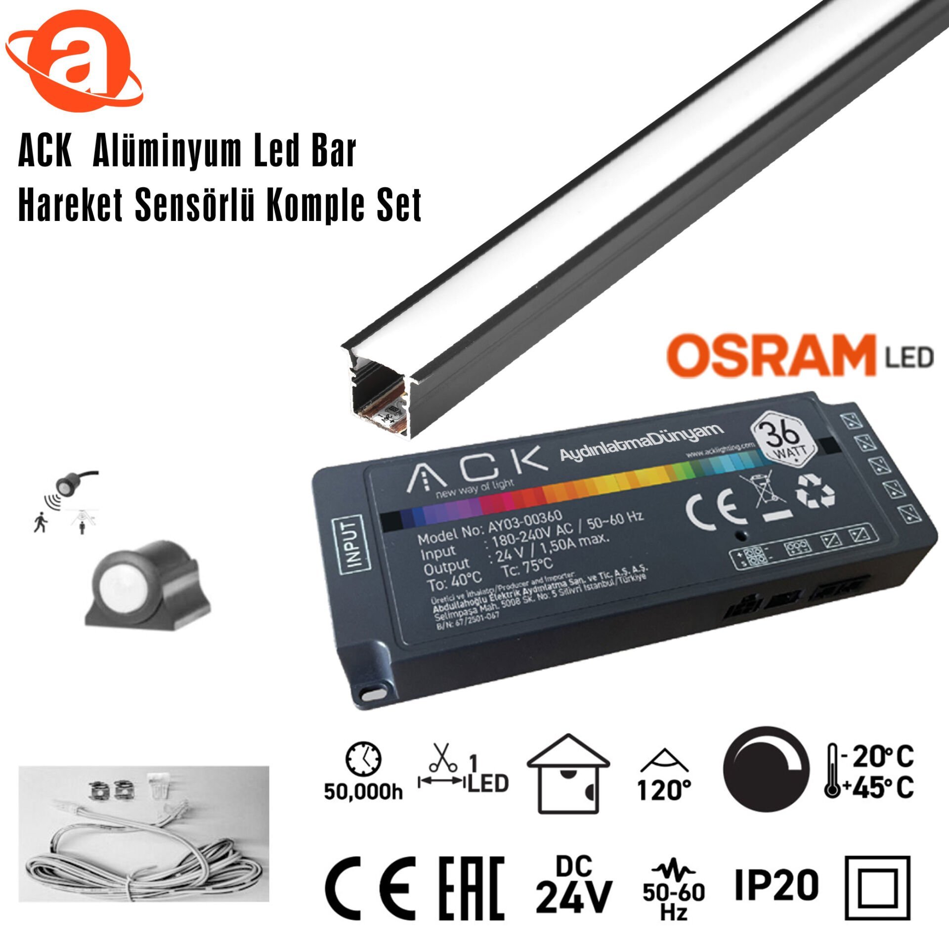 ack-ab01-03233-24v-aluminyum-led-bar-6500k-3mt-hareket-komple-set ACK AB01-03203 24V Alüminyum Led Bar 3000K 3Mt  Hareket Sensörlü Komple Set - Görsel 1