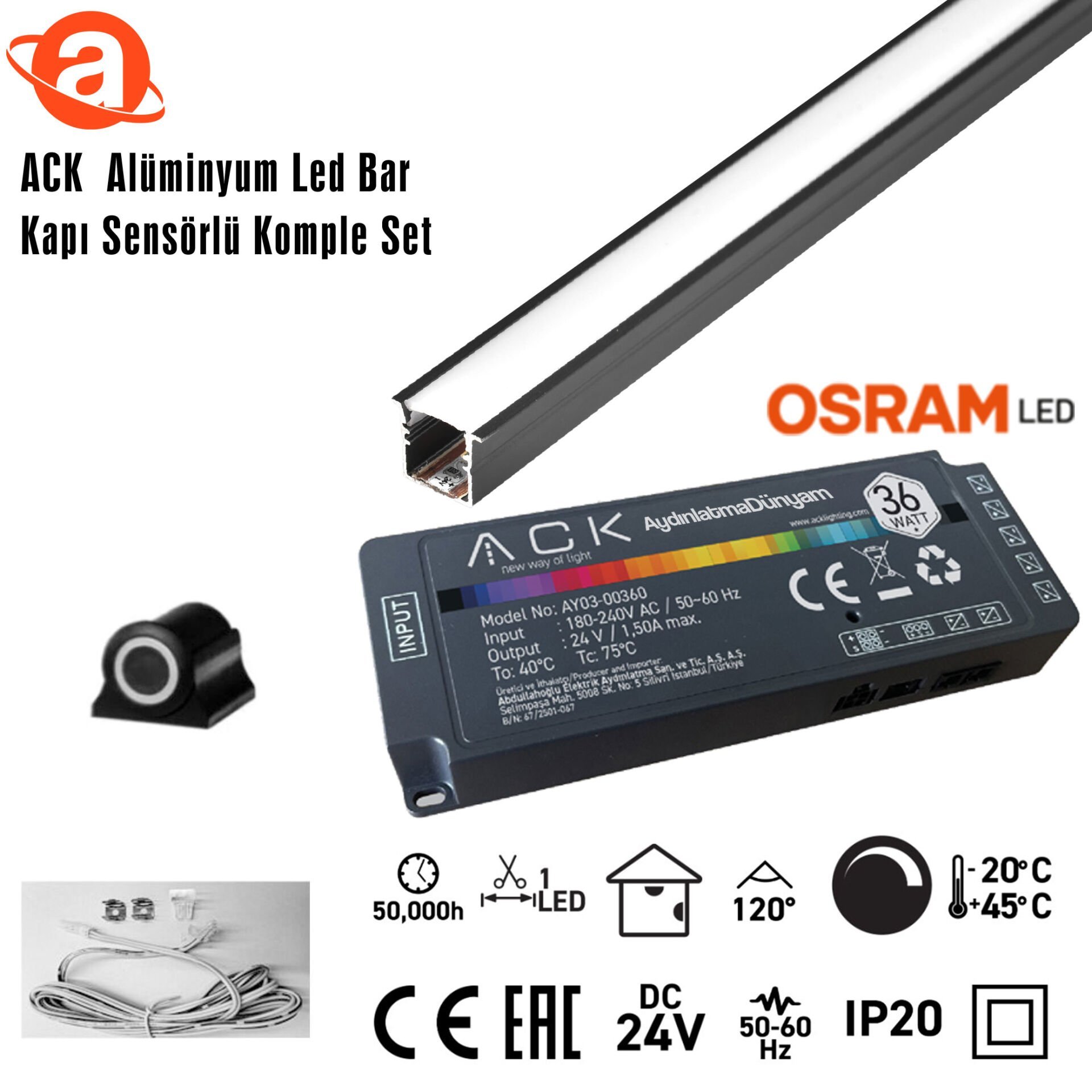 ack-ab01-03233-24v-aluminyum-led-bar-6500k-3mt-kapi-sensorlu-komple-set ACK AB01-03203 24V Alüminyum Led Bar 3000K 3Mt  Kapı Sensörlü Komple Set - Görsel 1