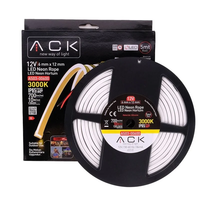 ack-marka-gunisigi-neon-led ACK 24V Neon Hortum 3000K 5Mt/Makara 2835 AS03-00700 - Görsel 1