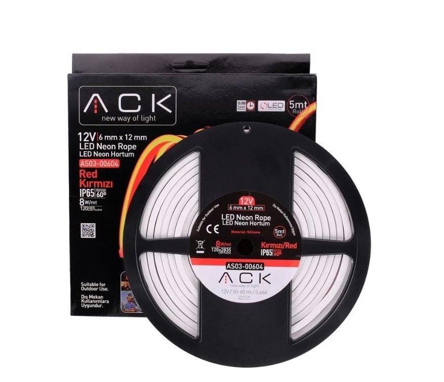 neon-led-kirmizi-ack-marka ACK 12V Neon Hortum Kırmızı 5Mt/Makara 2835 AS03-00604 - Görsel 1
