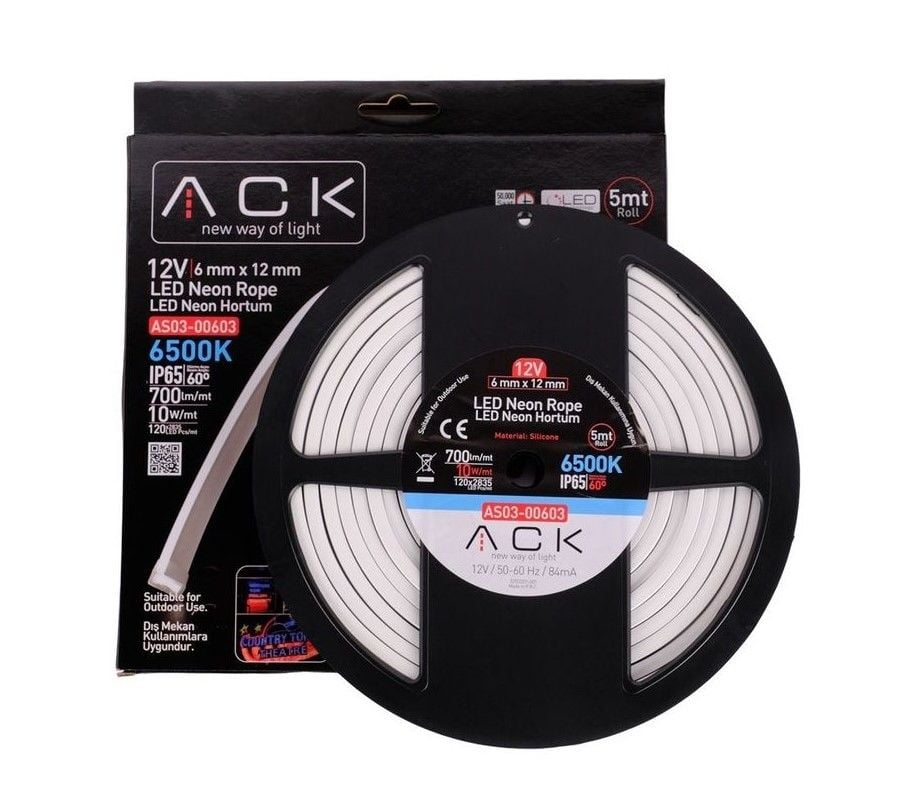 neonled-beyaz-isik-ack-marka ACK 12V Neon Hortum 6500K 5Mt/Makara 2835 AS03-00603 - Görsel 1